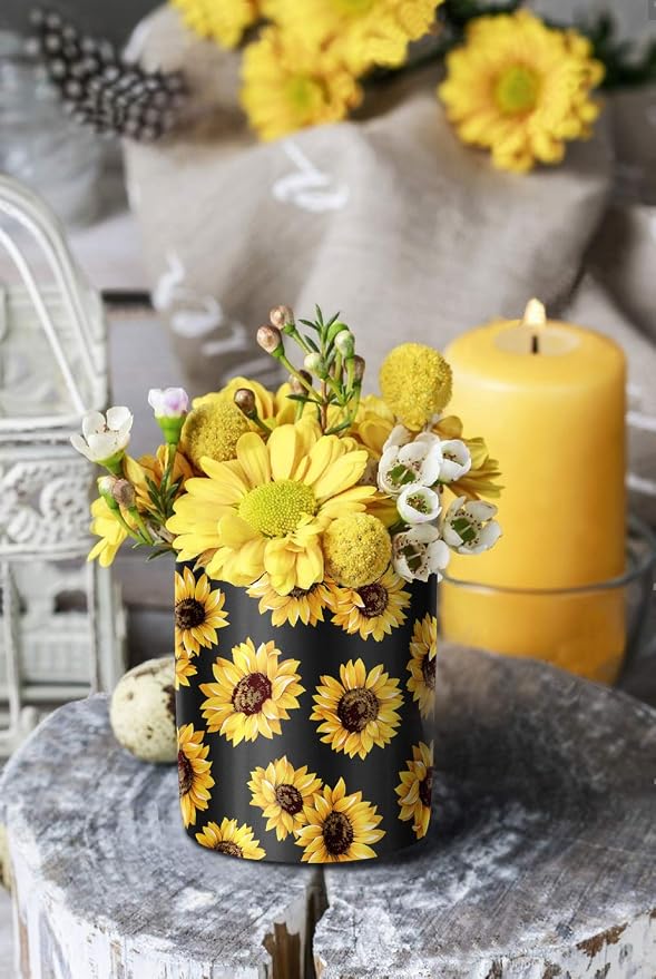 Pen Holder, Cute Pencil Holder for Desk, Makeup Brush Holder Floral Pattern, Pencil Cup for Girls Women, Durable Ceramic Desk Organizer Flower Decor for Office, Classroom, Sunflower