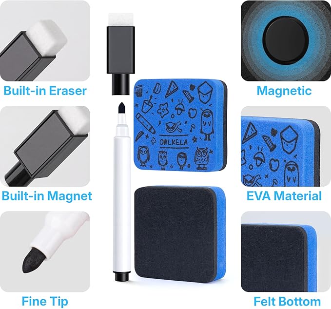 OWLKELA 20 Pcs Magnetic Dry Erase Markers with Eraser, Fine Tip Whiteboard Markers, Low Odor Dry Erase Set, 8 Color White Board Markers for Office, Home, Classroom