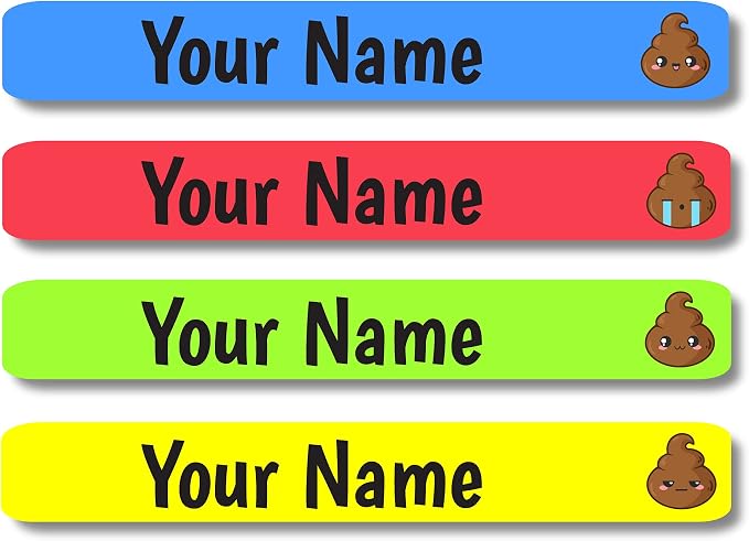 Lovable Labels Personalized Labels for Kids (120 Labels) - Waterproof Dishwasher Safe Peel and Stick Labels are Great for School Supplies Daycare Camp Bottles (Poop Happens)