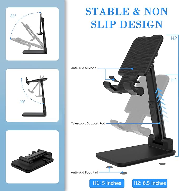 Cell Phone Stand, Adjustable Angle and Height Cell Phone Holder for Desk, Foldable and Portable, Anti-Slip Silicone Pad, Compatible with All Mobile Phones and 4-8 Inch Devices (Black&Black)