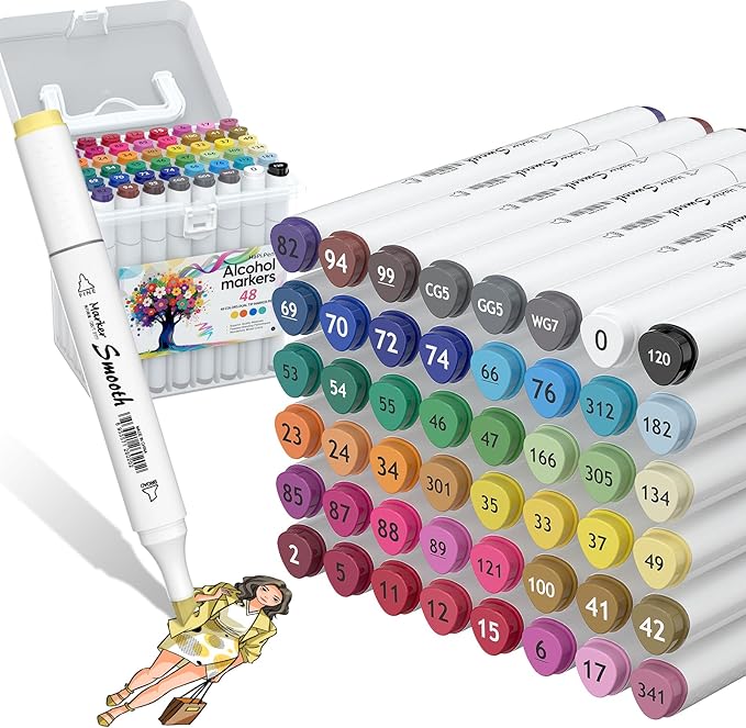 Alcohol Markers, 48 Colors Dual Tip Art Coloring Markers for Adult Coloring Books, Drawing, Sketching, Painting Supplies, Alcohol Based with Carrying Case
