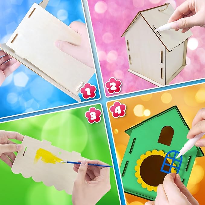 Heyzeibo 4Pack Birdhouse Kit, Craft Kits for Kids to Build and Paint Bird House, Easter DIY Wooden Arts and Crafts for Girls Boys Toddler