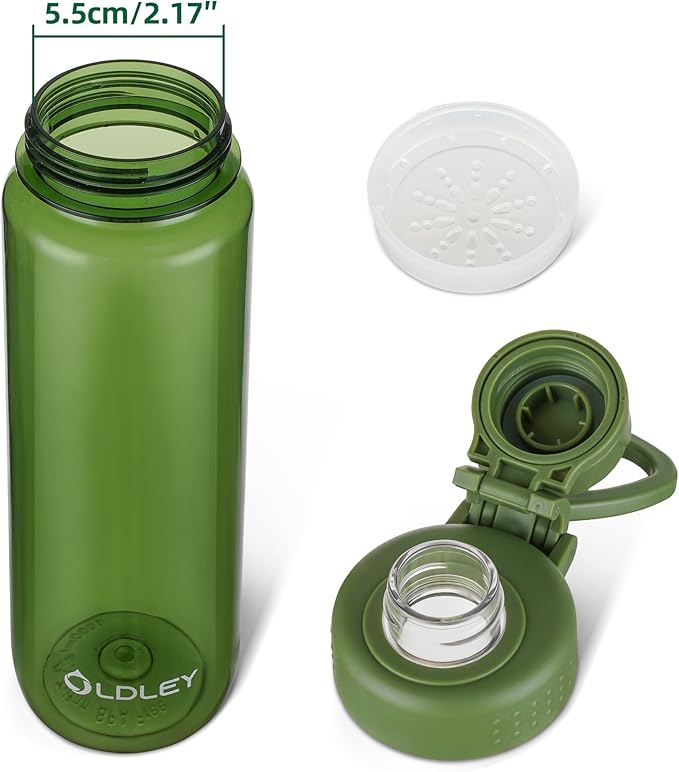 OLDLEY 32 oz Water Bottle, Sports Tritan Water Bottle with Carry Handle and Spout Lid, Leakproof & BPA Free Large Water Bottles for Home,Travel, School, Outdoors, Gym, Olive Green