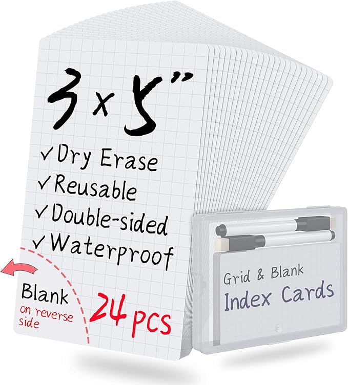 Blank Index Cards 3x5”| Dry Erase Flash Cards, 24 Packs Waterproof with Box| Reusable Flash Cards | Office & Teacher School Supplies (Grid & Blank)