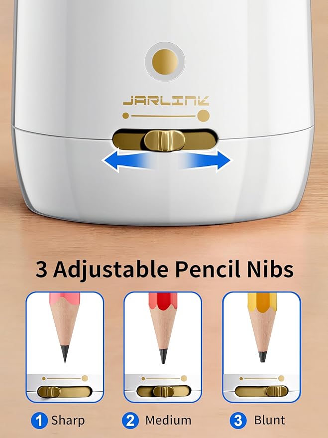 JARLINK Automatic Electric Pencil Sharpener - Hands-Free Operation, 3 Sharpness Modes, 3-Second Sharpening, Rechargeable & Portable for 7-12mm Pencils, Ideal for Classroom and Home Use (White)