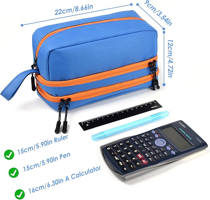 Genteen Large Capacity Pencil Case,Multifunction Pencil Pouch,Pencil Bags with Zipper 3 Compartments Pencil case organizer for or School Teen Girl Boy Men Women（Blue）