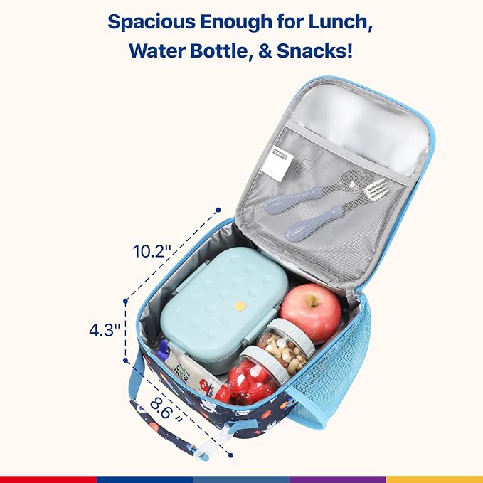 Bagseri Kids Lunch Box for Boys - Insulated Toddler Lunch Bag Fits Bento Box, Reusable Daycare Cooler Tote with Clip Handle, Water-Resistant Lining, Navy Space