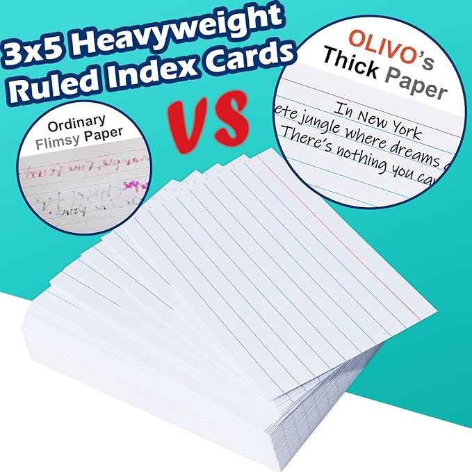 Index Cards 3x5 Lined Ruled Flash Note Cards 3" x 5", White, 200 Count, 200 GSM Heavy Weight