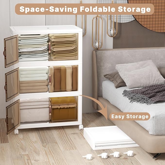 UAMFURI Extra Large Stackable Storage Bins with Lids & Wheels, 504QT-168QT/42GAL*3Pack Foldable Collapsible Closet Organizers Storage Cabinet with Doors for Bedroom Dorm
