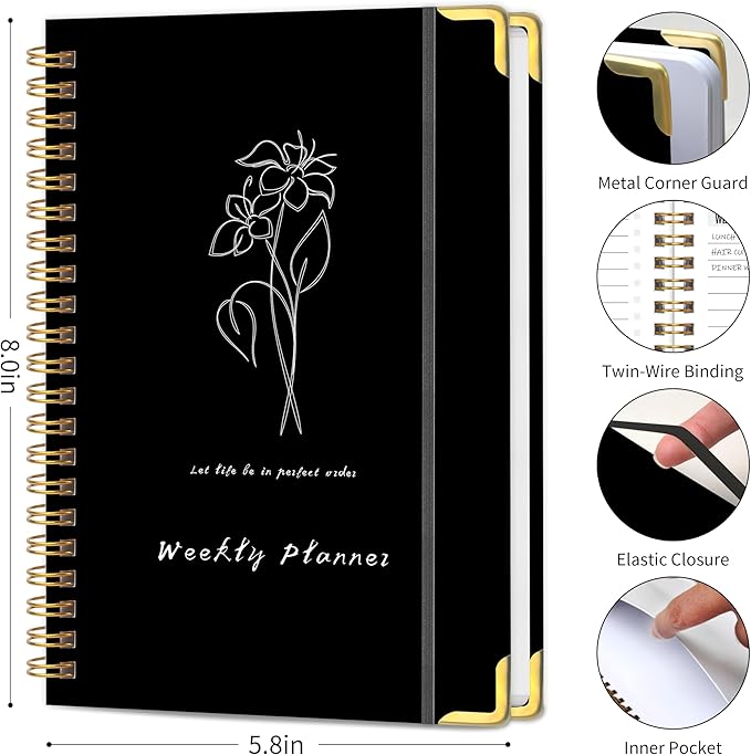 Undated Weekly Planner, Weekly To Do List Notebook with Goal & Habit Tracker Organizer, A5 5.8" x 8.0" Weekly Planner Notebook with Spiral Binding for Men or Women