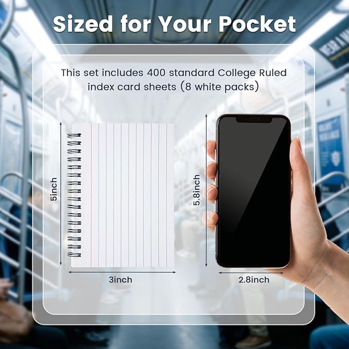 Koogel Spiral Index Cards 3x5 Ruled, 400 Count (5 Packs of 80) White Spiral Bound FlashCards with Waterproof Cover, Tear-Off Note Cards with Ring for Studying, School, Office & Memory
