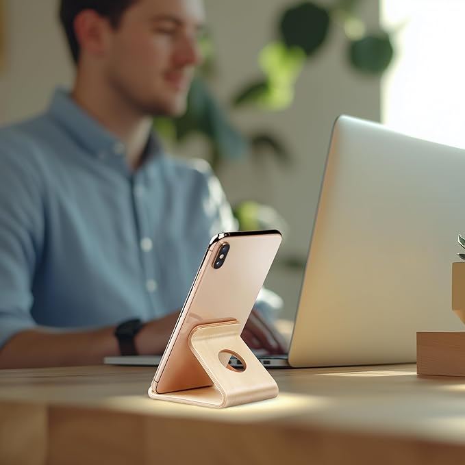 Cell Phone Stand for Desk - Office Wood Portable Desktop Phone Holder for Bed