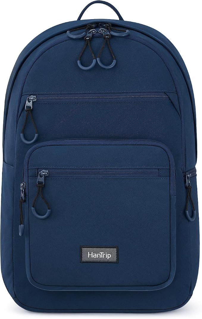 HanTrip 18 Inch Carry on Travel Backpack with Lots of Pockets, Navy Blue | 15.6 Inch Laptop Sleeve, Luggage Strap, Water Bottle Pocket, 28 Liters, Lightweight, Water Resistant, 18x14x8 Medium Bookbag