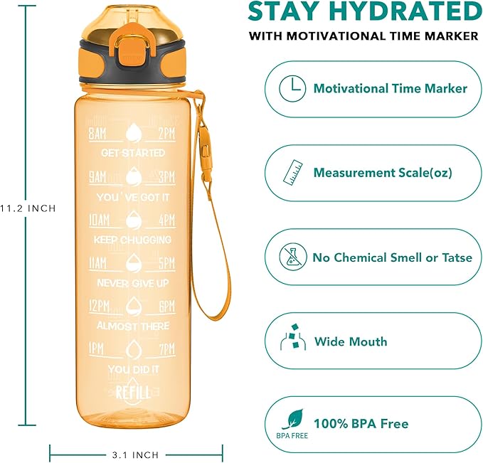 Enerbone 32 oz Water Bottle with Times to Drink and Straw, Motivational Drinking Water Bottles with Carrying Strap, Leakproof BPA & Toxic Free, Ensure You Drink Enough Water for Fitness Gym Outdoor
