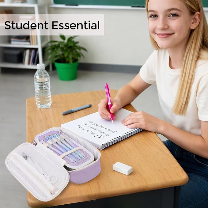 SKYDUE Purple Pencil Case for Girls – Large Capacity Zippered Pencil Pouch with Multi-Compartment, Aesthetic Pencil Bag for School & Office Supplies