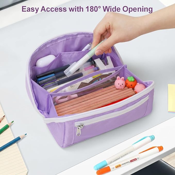Large Pencil Pouch for Teen Girls, 8 Compartments, Purple | Large capacity pencil case, wide-opening organizer fits calculators, markers, pens; for middle school, high school, college