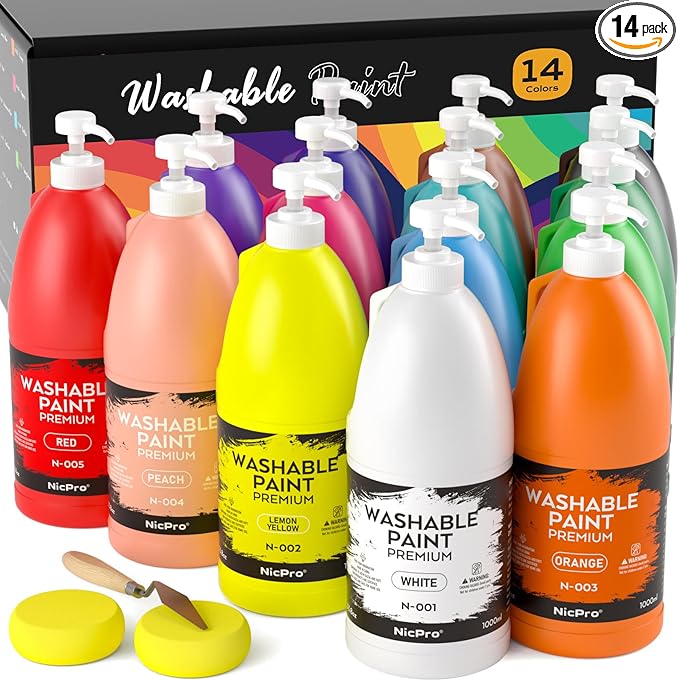 Nicpro 14 Colors Large Washable Paint Set (33.8 oz), Acrylic Bulk Paint Supplies Non Toxic Children Tempera Paint for Art, Craft DIY, Poster & Finger Paint, School, Home,Teacher Classroom Must Haves