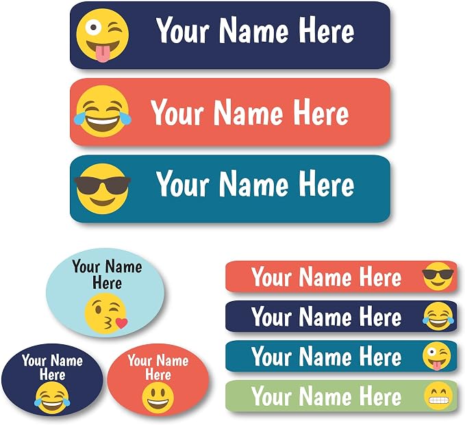 Lovable Labels Personalized Labels for Kids (85 Labels/Pack) - 3 Label Sizes Waterproof Dishwasher Safe Peel & Stick Labels for School Supplies Daycare Camp Clothing Bottles (Emoji)