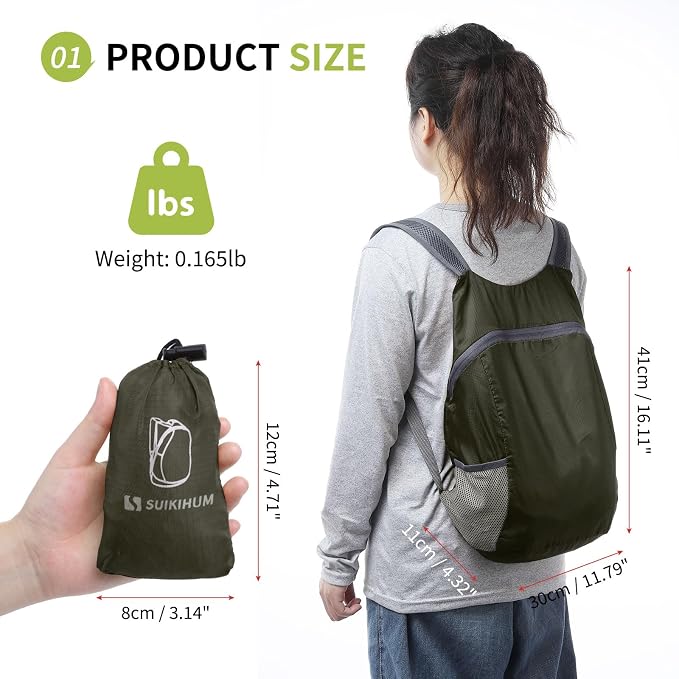Ultra Lightweight Hiking-Daypack,Foldable Travel Packable Backpack | 20L Foldable Bag for Camping Cycling Outdoor,Day Pack for Men Women,Dark Green