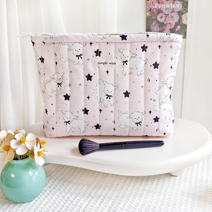 STARDW Cute Cotton Quilted Makeup Bag Cosmetic Bags for Women and Girls | Soft Quilted Makeup Pouch with Zipper, Large Capacity Travel Toiletry Bag, Aesthetic Purse Organizer Pouches, Canvas Lining