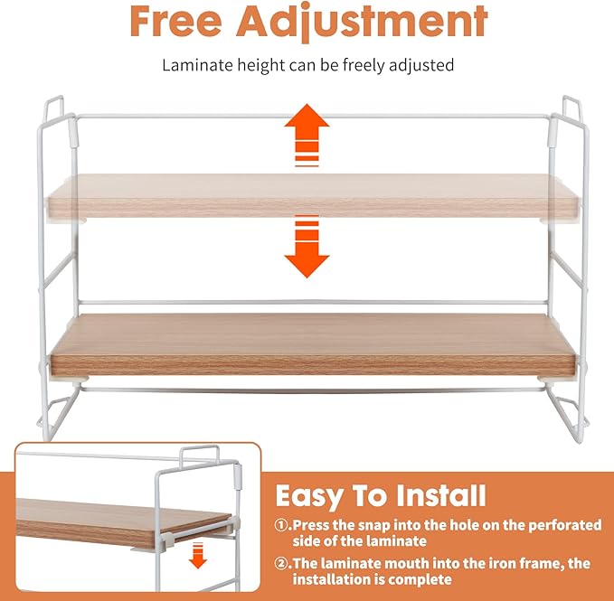 ShellKingdom Display Shelf for Figures, 2 Tier Desk Shelf Organizer, Desktop Shelves, Adjustable Bookshelf Storage Rack and Office Cubicle Decor for Tabletop, Office, Dorm (White Frame + Wood Board)
