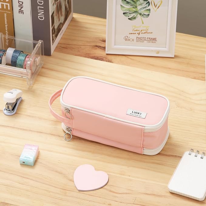 Dugio Large Pencil Case Zipper Pencil Pouch for Girls Adults Kids Aesthetic Pencils Bag Organizer Big Capacity Pen Bag with Handle Portable for School Office Pink