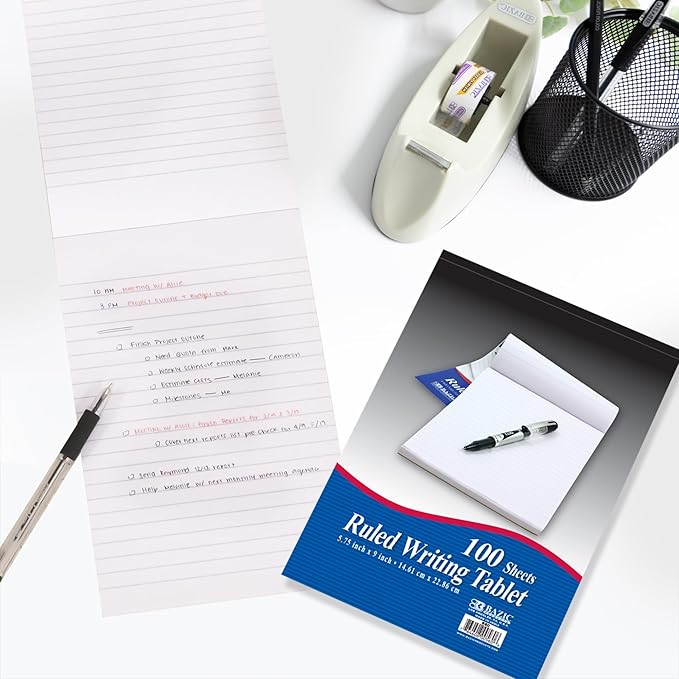BAZIC Products Writing Pad 100 Sheets 6" x 9" – Writing Pad With Durable Lined Note Pads, Smooth Writing Paper, and Easy-tear Paper Pads; Compact Note Pads and Writing Pads for Office, School, or Home, 48-Pack