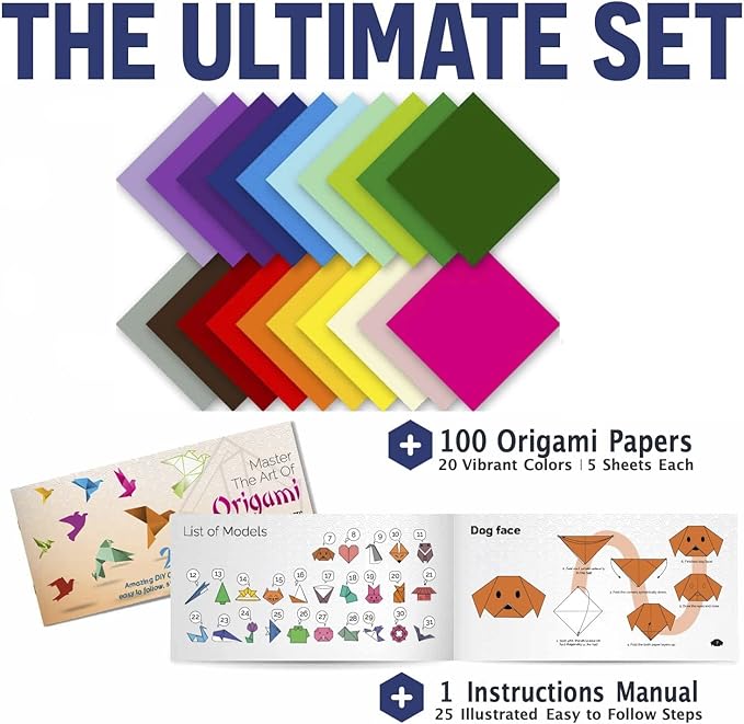 Origami Paper - 100 Origami Paper Kit - Set Includes, 100 Sheets 20 Colors 6x6, Origami Book 25 Easy Colored Projects, Kids Crafts, Christmas Gifts for boys 8-12