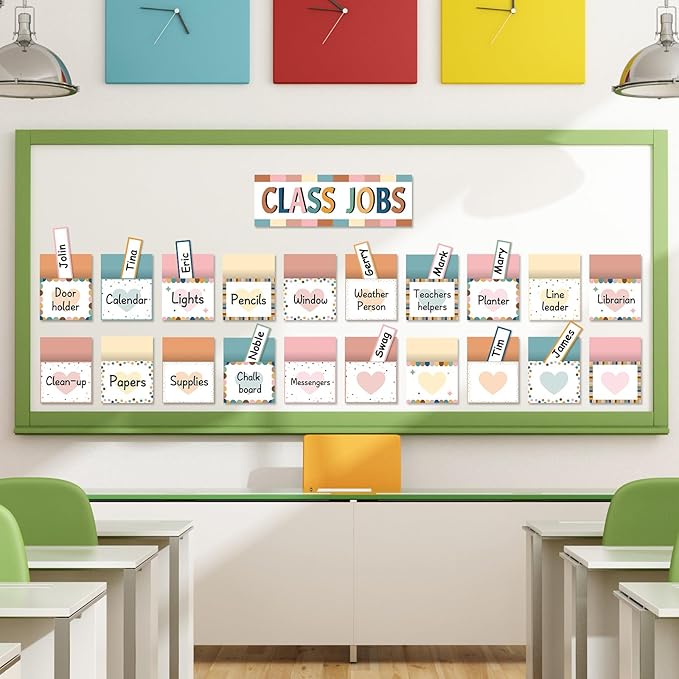 81 Piece Boho Class Jobs Bulletin Board Boho Welcome Classroom Jobs Pocket Chart Set Teacher's Helper Chalkboard Decor Classroom Bulletin Board Set Wall Decoration for Back to School