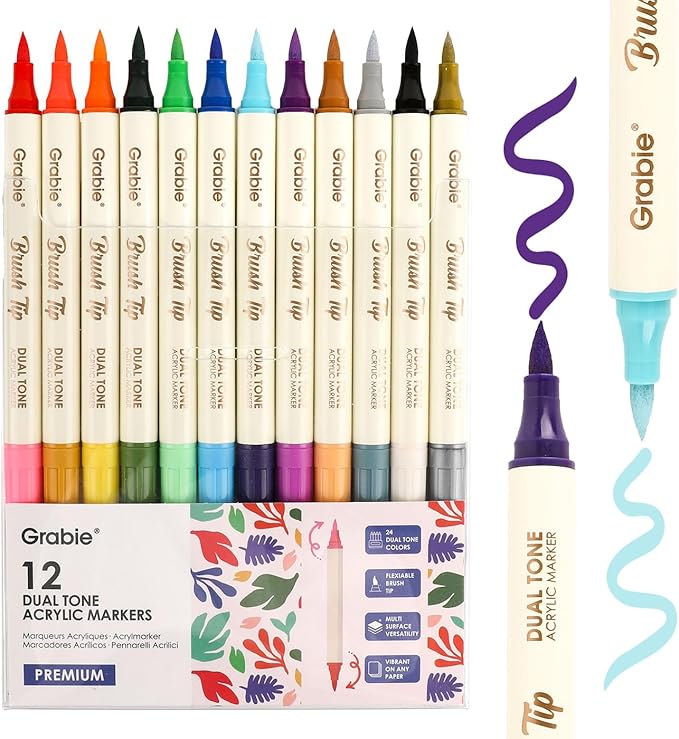 Grabie 24 Colors Acrylic Paint Markers, 12 Pack Dual Tip Soft Brush Acrylic Markers, Water-Based Paint Pens for Paper, Rock Painting, Wood, Glass, Canvas, DIY Craft Art Supplies for Adult & Kids