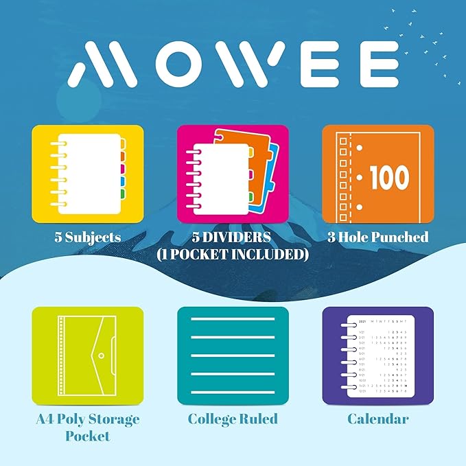 Spiral Notebook - 5 Subject Notebook, College Ruled Notebook 3-Hole Punched With Dividers, Storage Pockets, 11" Ruler, 200 Pages, for Writing Journal, Home &Office, School Supplies（Black）
