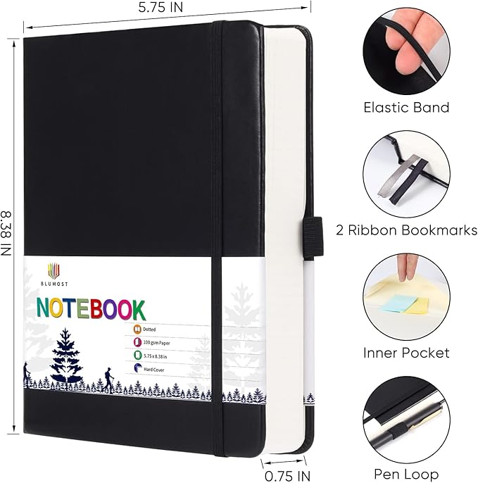 Bullet Dotted Journal Notebook - A5 Dot Grid Notebook with 280 Pages,100gsm Thick Dotted Paper,Leather Hardcover Dotted Journal for Women Men,5.75'' × 8.38''-Black