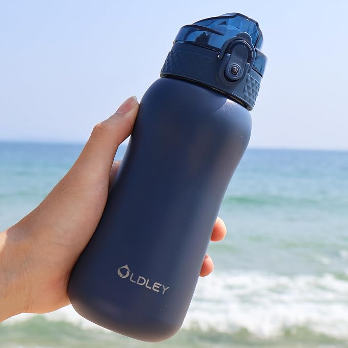 Oldley Insulated Water Bottle 12oz Water Bottles with Straw, Stainless Steel Water Bottle with 2 Lids, Double Wall Vacuum Bottels for Adults Kids,Leak-Proof Sport Bottles for School Travel, Navy Blue