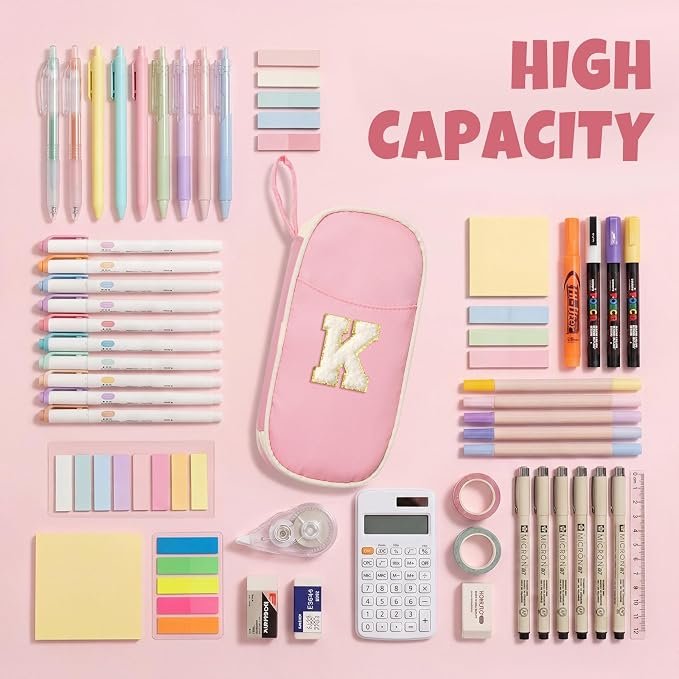 SUNEE Cute Pencil Case, Kawaii Big Capacity Pencil Pouch, Personalized Initial Pencil Bag with Zipper, Stationery Storage and Organizer, Back to School Supplies, Pen Box for Girls & Boys, Teen, K-Pink