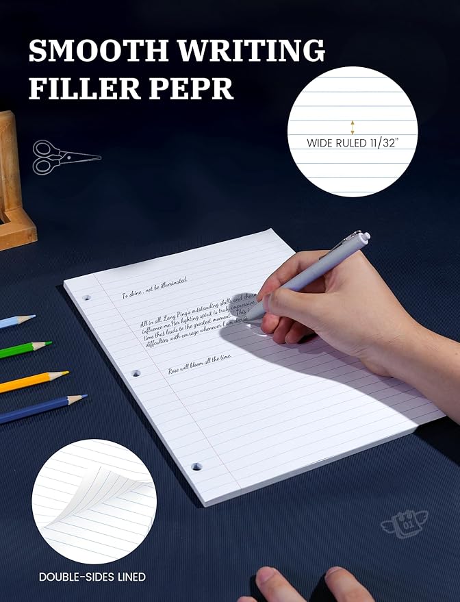 Loose Leaf Paper 8.5 x 11, Loose Leaf Notebook Paper, 200 Sheets Binder Paper 8-1/2 x 11'', 3-Hole Punched Filler Paper Notebook, 2 Pack, 100 Sheets/Pad