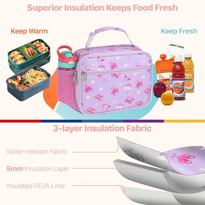 Bagseri Kids Lunch Bag Girls - Thermal Insulated Lunch Box Tote with Water Bottle Holder, Reusable Leak-Proof Kids Lunch Box for Daycare & School, Purple Butterfly (Containers Not Included)