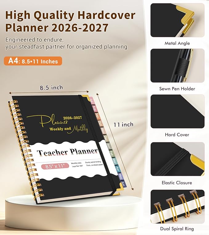 Teacher Planner 2026-2027, July 2026 - June 2027, Academic Weekly & Monthly Calendar Planner with Tabs, 8.5" x 11" A4 Teacher Lesson Plan Book with 7 Periods, Daily Agenda School Organizer for Teacher Student Homeschool, Black