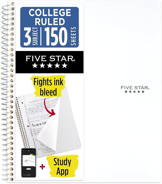 Five Star Spiral Notebook + Study App, 3 Subject, College Ruled Paper, 8-1/2" x 11", 150 Sheets, Fights Ink Bleed, Water Resistant Cover, White (72464) (Pack of 6)