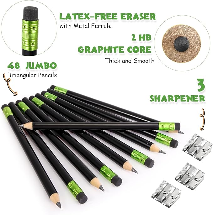 Fainne 48 Pcs Fat Pencils Jumbo Big Thick Large Pencils and 3 Pieces Sharpeners for Kids Beginners Preschoolers Kindergarten School Office Supplies(Black,Round)