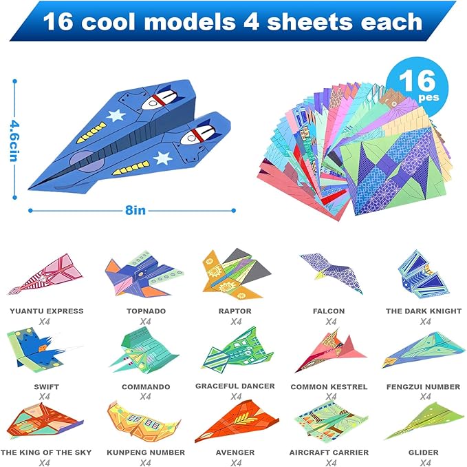 Vodolo 2 Pack Paper Airplane Kits with 16 Classic Designs,64 Sheets Paper Planes Origami Kit for Kids Ages 5-12,Airplane Gifts for Boys and Girls