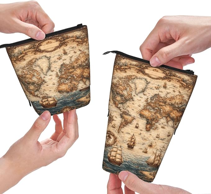 Retro Map Standing Pencil Case Cute Telescopic Stationary Pouch with Zipper Large Capacity Stand up Pen Bag Portable Makeup Holder for School Office Supplies