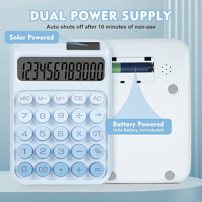 Mechanical Switch Calculator with Big Buttons, Calculators Desktop, 12 Digits, Solar Battery Power, Desk Calculator, Large LCD Display, Cute Blue Calculators for Teachers Students Basic Office