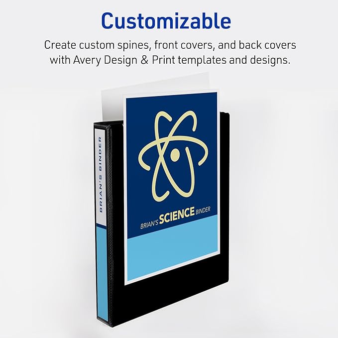 Avery Durable View 3 Ring Binder, 1 Inch Slant Rings, 250-Sheet Capacity, DuraHinge, 1.4 Inch Wide Spine, Customizable Clear Covers and Spine, 1 Black Binder (17011)