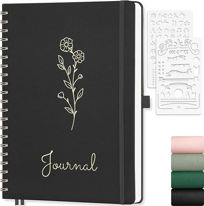 EMSHOI Dotted Journal Spiral Notebook, 140 Pages, A4 Large 8.27"x11.2", PU Leather Hardcover, 100 GSM Thick Paper, 5mm Dot Grid Notebook for Journaling, Planning, Drawing, Writing, Black
