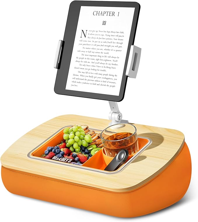 ERGONOV Tablet Pillow Stand for Lap Use with Snack Bowl and 360° Rotating Arm, Adjustable iPad Holder for Bed, Couch, and Recliner, Compatible with 4.7"-13" Kindle, iPad, Tablet, Phone,Orange