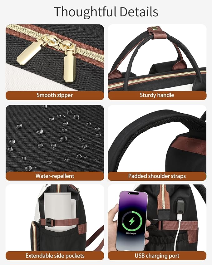 Bookbag for Women Laptop Backpack, Teacher Nurse Work Computer Bags with Cup Holder & USB Charger for Travel, School Bag College Back Pack for Girls, BlackWhiteBrown