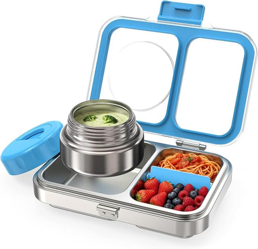 HOMEKOL Stainless Steel Bento Lunch Box + 9.5oz Insulated Food Jar, Blue | 2-Compartment Leak-Proof Container for Kids & Adults, BPA/BPS-Free, 18/8 Metal, Dishwasher Safe, Clear Tritan Lid