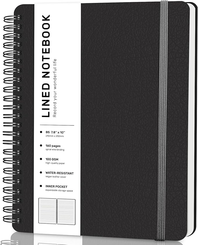 ABERLLS Lined Spiral Journal Notebook with 160 Pages, 7.8×10in, B5 Spiral Notebook, Journaling Notebooks for Work, School, Women, Men, College Ruled Spiral Notebook, Hardcover Leather Journals, Black