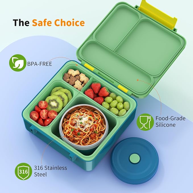 Bento Box for Kids, Lunch Box with Sticker for School | DIY Sticker Fun, Quick Lunch Packing, 4-Compartment Design, Insulated Food Jar, BPA-Free, Leak-Proof