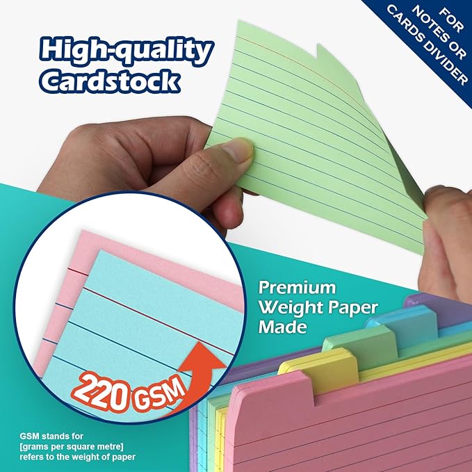 100 Pack Tabbed Index Cards 3x5 Lined Index Card Dividers with Tabs 3" x 5", White, 220 GSM Thick Paper